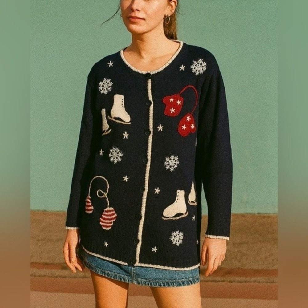 Vintage Cherokee Womens Blue Ramie Cotton Embroidered Button Knit Sweater sz 14